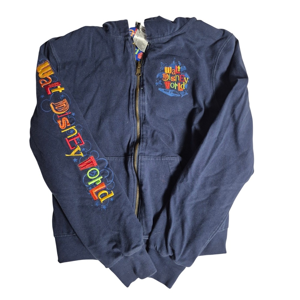 Disney World Hoodie Youth M Blue Zip Mickey Embroidered Spellout Jacket